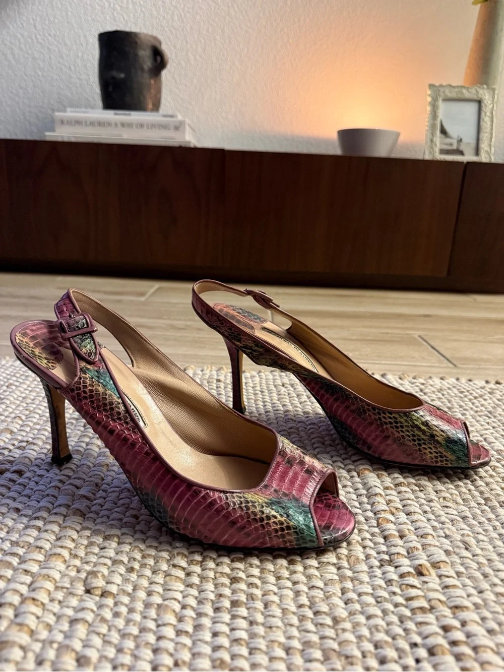 Vintage Manolo Blahnik Snakeskin Slingback Heels | Peep-Toe Pumps | Size 39.5